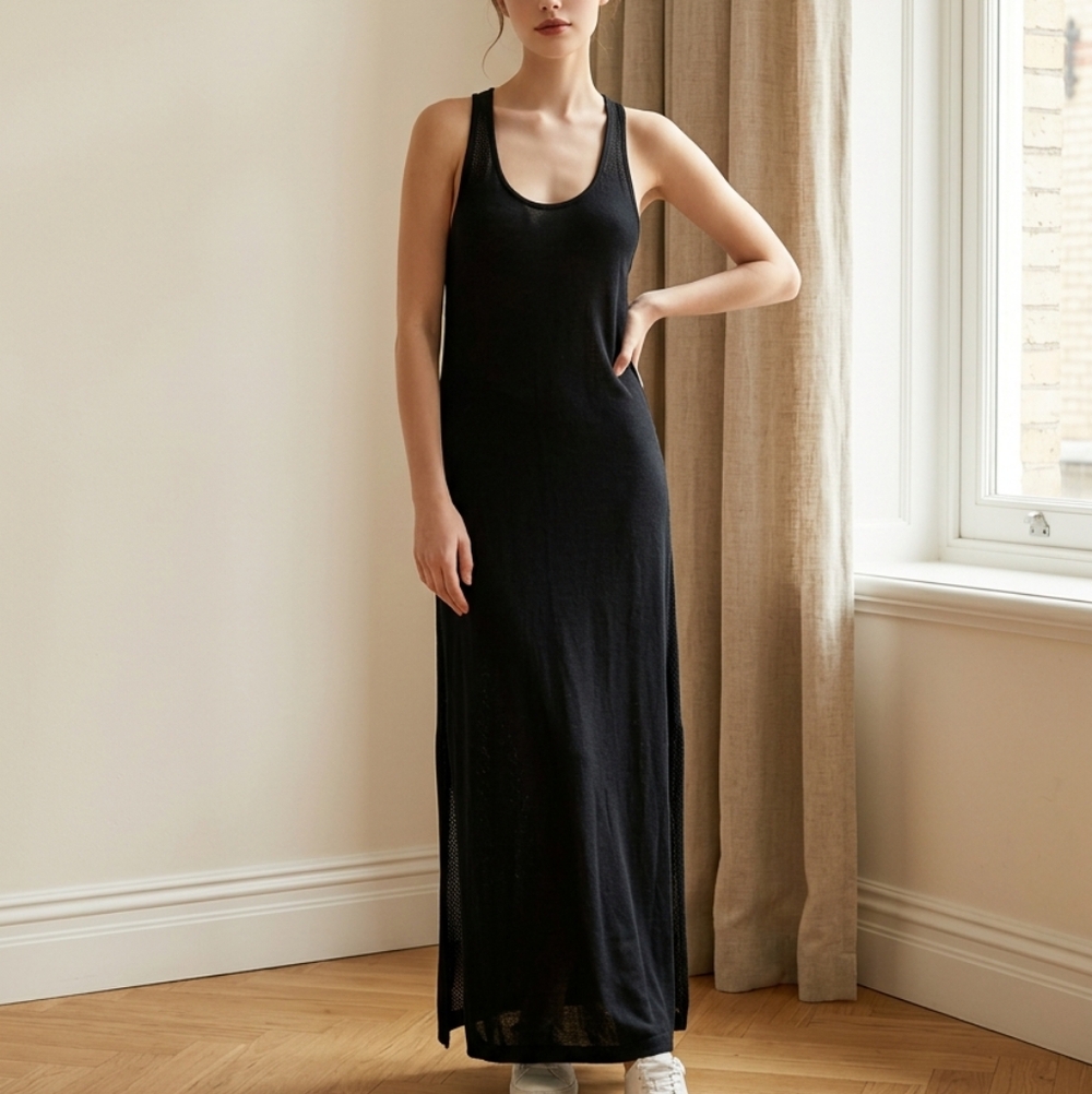 VENUS Solid Black Sleeveless Tank Column Midi Dress Mesh Sides Racerback Cut out